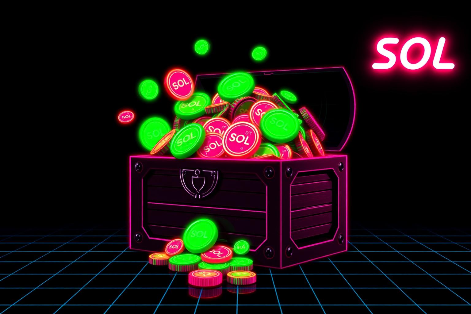 Treasure chest overflowing with neon SOL coins